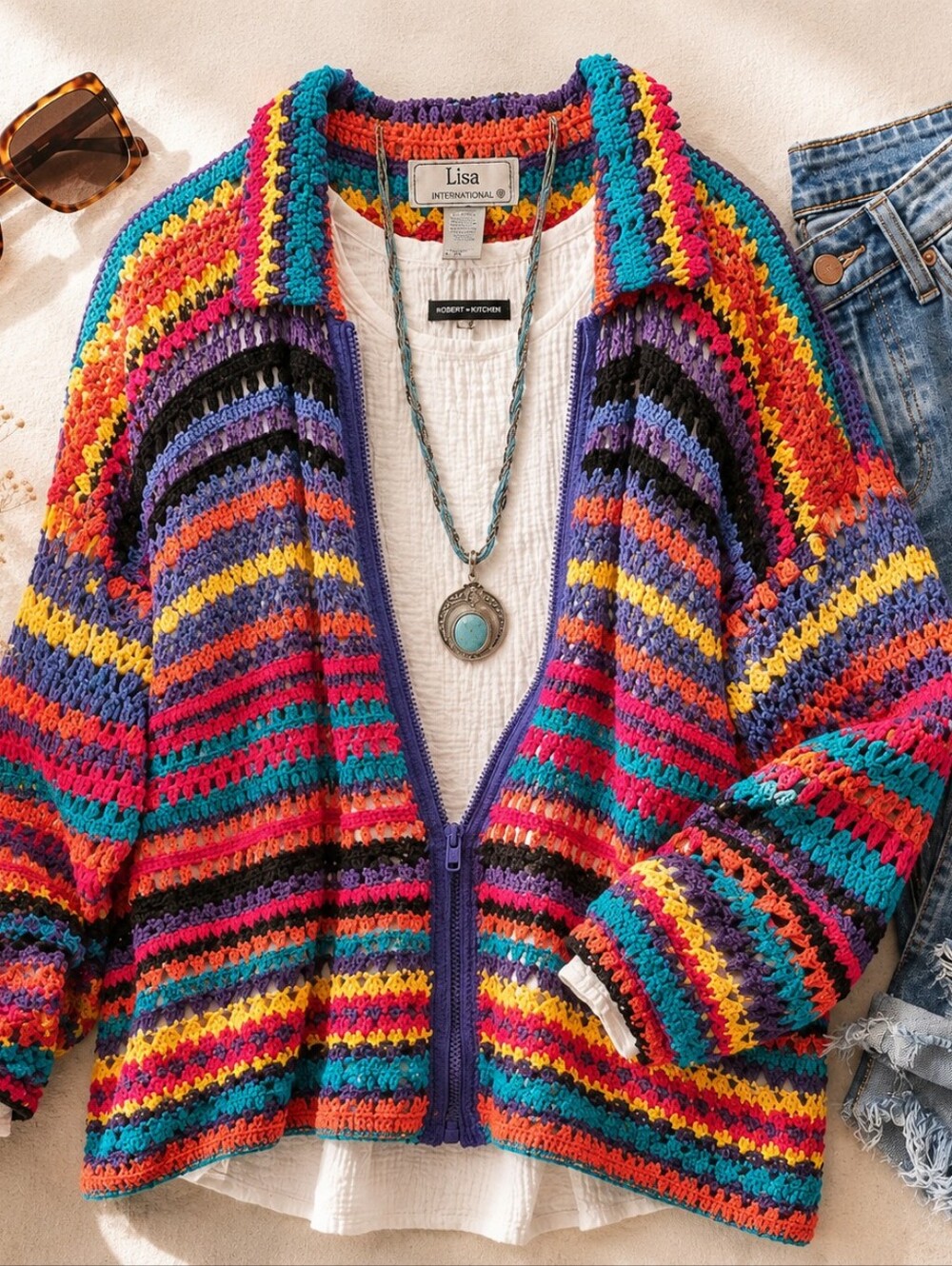 Lisa International Rainbow Crochet Zip Cardigan L/XL Boho
